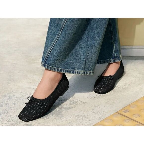 VIVAIA Shoes 42 Margaret Square Toe Bow Ballerina Flats Black Slip On Minimalist - Picture 2 of 7